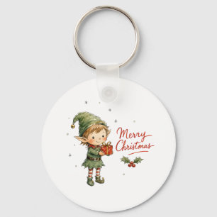 Cute Christmas Elf with Gift Box Key Ring