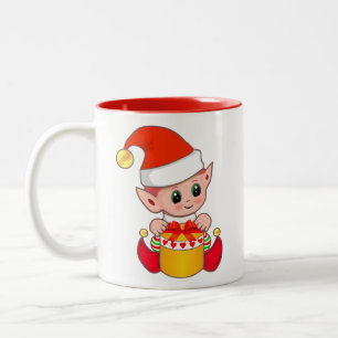 Cute Christmas Elf with Gift Box Two-Tone Coffee Mug