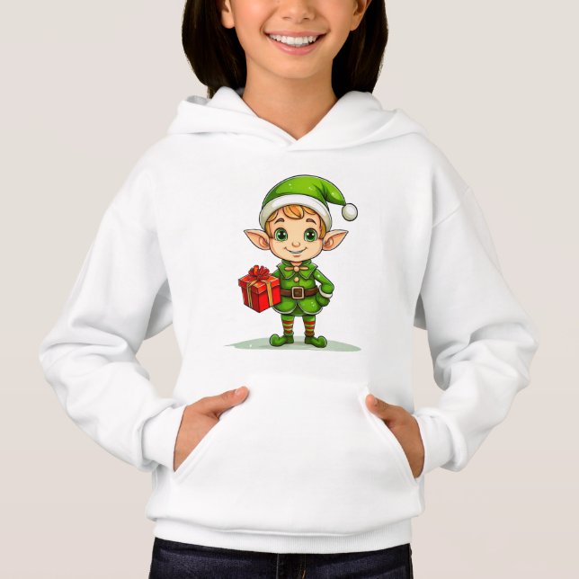 Cute Christmas Elf with Gift – Holiday Hoodie (Front)