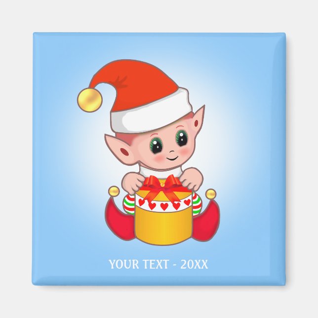 Cute Christmas Elf & Your Text on Light Blue Magnet (Front)