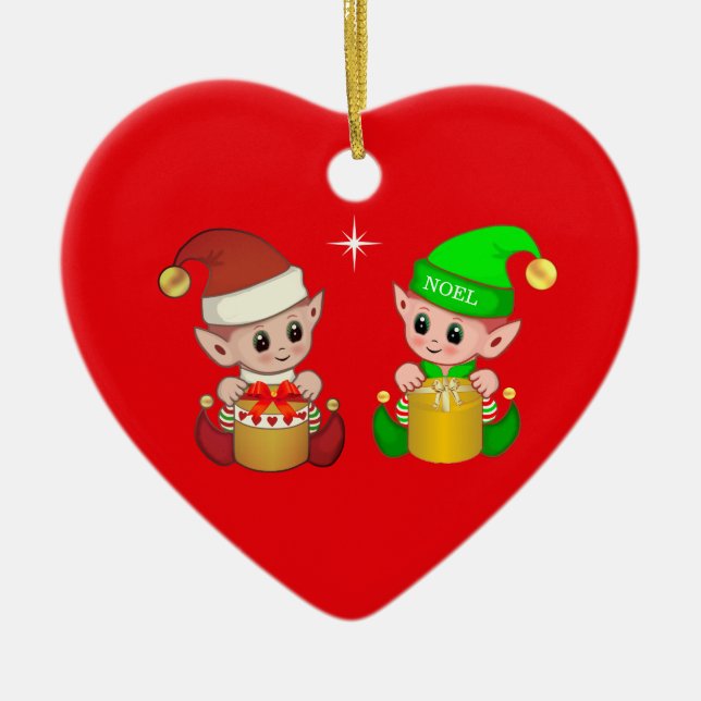 Cute Christmas elves Ceramic Tree Decoration (Front)