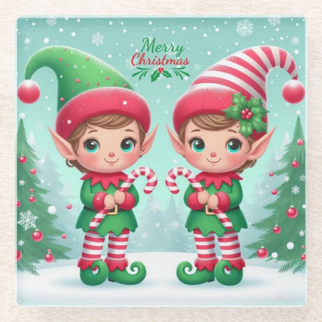 Cute Christmas elves  Glass Coaster (Front)