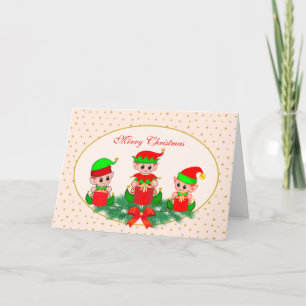 Cute Christmas Elves & Golden Stars Card