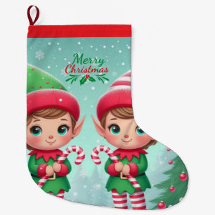 Cute Christmas elves Large Christmas Stocking