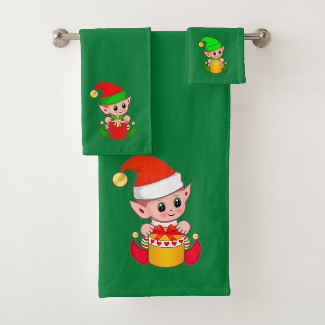 Cute Christmas Elves on Green Bath Towel Set (Insitu)