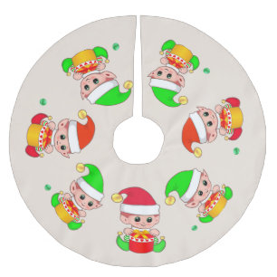 Cute Christmas Elves on Light Beige Brushed Polyester Tree Skirt
