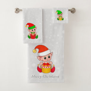 Cute Christmas Elves on Light Silver Grey Bath Towel Set