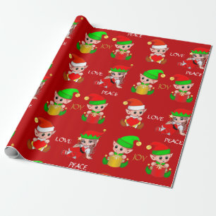 Cute Christmas Elves on Red Wrapping Paper