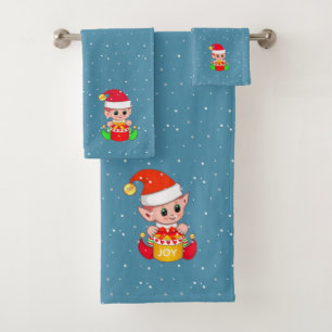 Cute Christmas Elves on Sapphire Blue Bath Towel Set