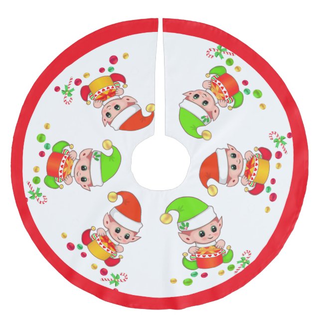 Cute Christmas Elves on White with Red Frame Brushed Polyester Tree Skirt (Front)