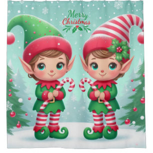 Cute Christmas elves  Shower Curtain