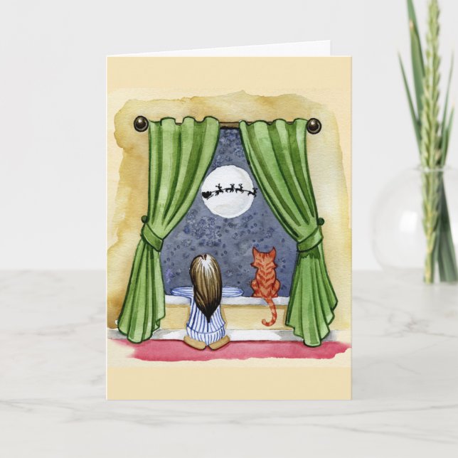 Cute Christmas Eve Child & Kitty Cat Watercolor Card (Front)