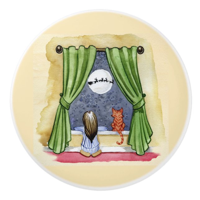 Cute Christmas Eve Child & Kitty Cat Watercolor Ceramic Knob (Front)