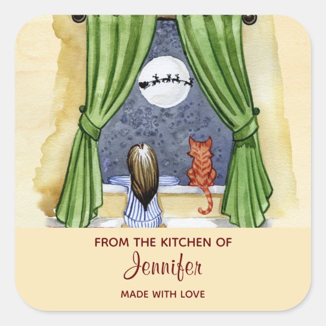 Cute Christmas Eve Scene Watercolor Kitchen Square Sticker (Front)