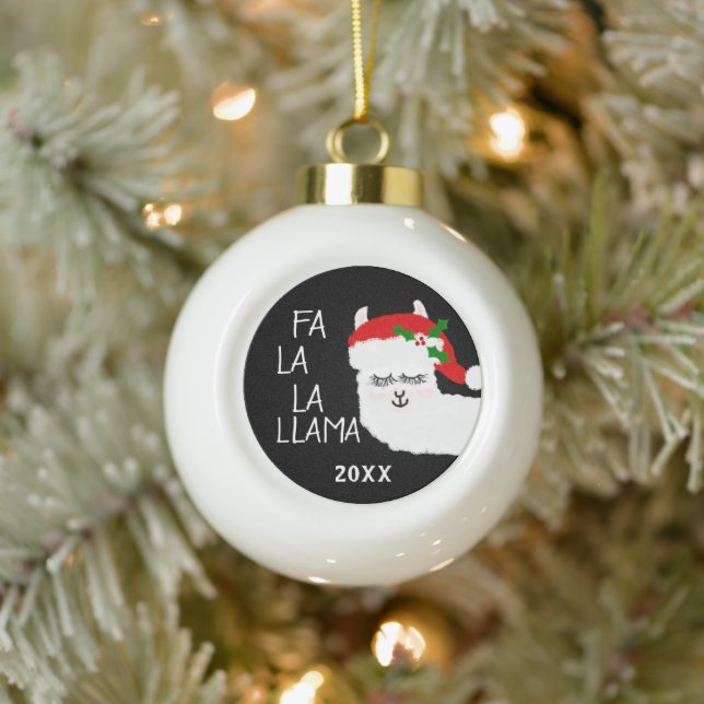 Cute Christmas Fa La La Llama White Red Customized Ceramic Ball Christmas Ornament (Tree)