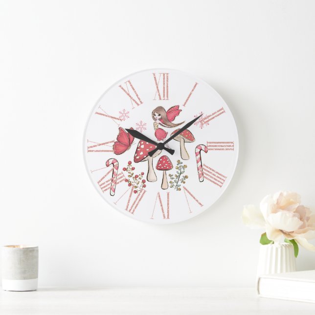 Cute Christmas Fairy and Mushrooms Large Clock (Home)