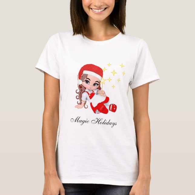 Cute Christmas Fairy Angel & Stars T-Shirt (Front)