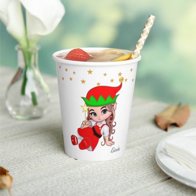 Cute Christmas Fairy Elf & Golden Star Confetti Paper Cups (Insitu)