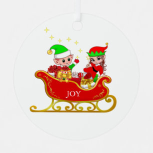Cute Christmas Fairy & Elf on Sleigh Metal Tree Decoration