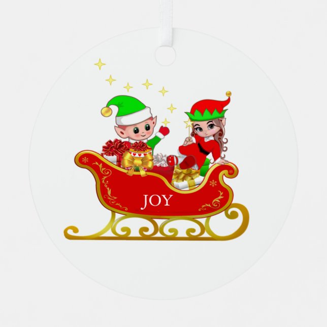 Cute Christmas Fairy & Elf on Sleigh Metal Tree Decoration (Front)