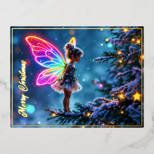 Cute Christmas fairy gradient neon wings Foil Holiday Postcard