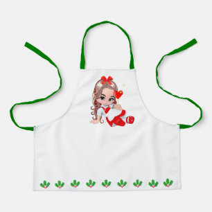 Cute Christmas Fairy & Holly Berry Leaf Border Apr Apron