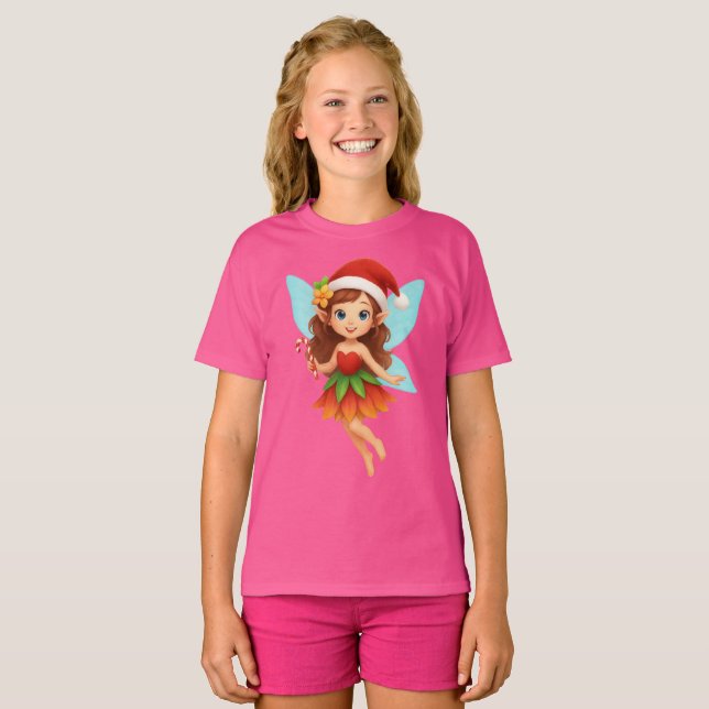 Cute Christmas Fairy Illustration Adorable Holiday T-Shirt (Front Full)