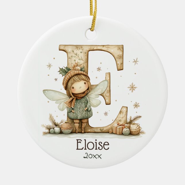 Cute Christmas Fairy Initial Personalised Holiday  Ceramic Tree Decoration (Front)