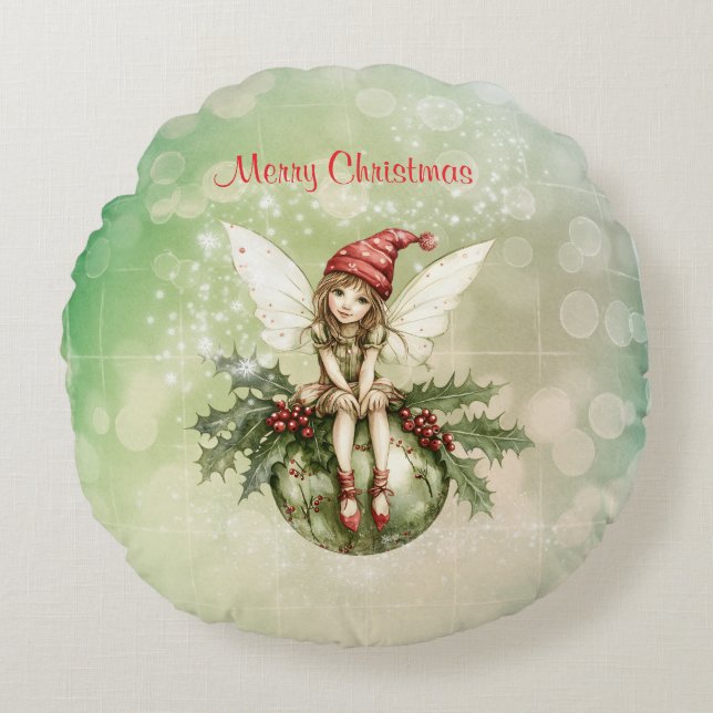 Cute Christmas Fairy on an Ornament Round Cushion (Front)