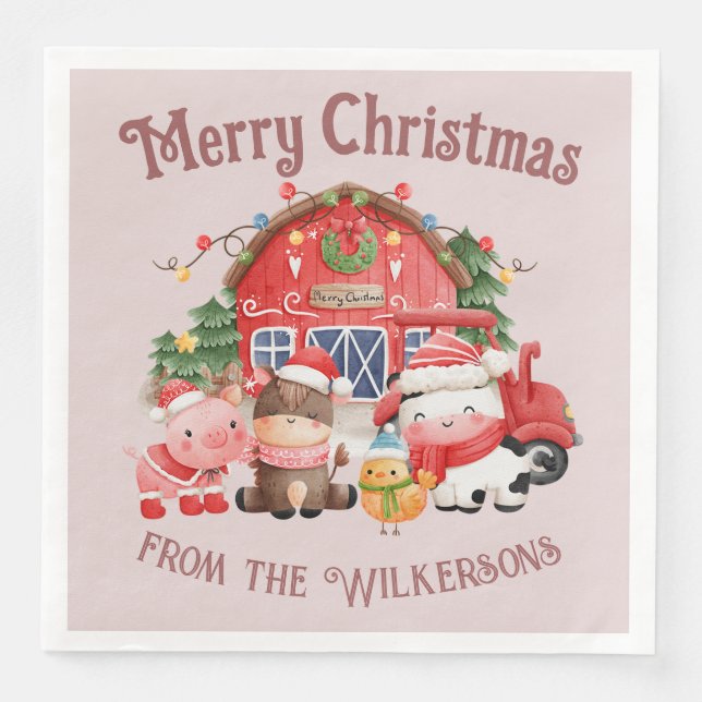 Cute Christmas Farm Animals on Blush Pink Napkin (Front)