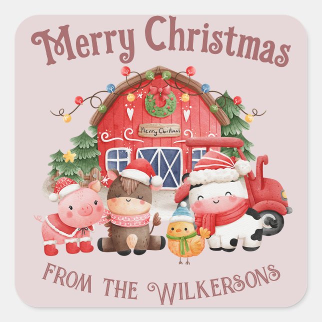 Cute Christmas Farm Animals on Blush Pink Square Sticker (Front)
