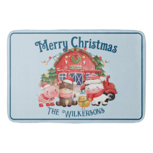 Cute Christmas Farm Animals on Light Blue Bath Mat