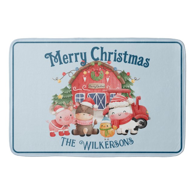 Cute Christmas Farm Animals on Light Blue Bath Mat (Front)