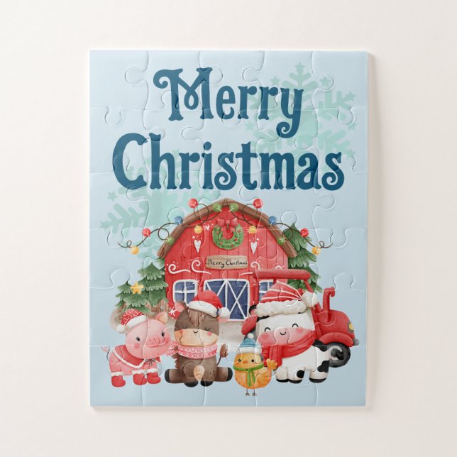 Cute Christmas Farm Animals on Light Blue Jigsaw Puzzle (Vertical)