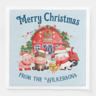 Cute Christmas Farm Animals on Light Blue Napkin