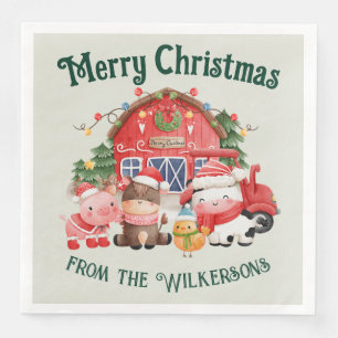 Cute Christmas Farm Animals on Sage Green Napkin