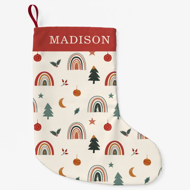 Cute Christmas Festive Rainbows Holidays Name Small Christmas Stocking (Front)