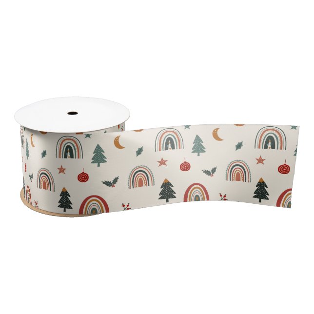 Cute Christmas Festive Rainbows Holidays Pattern Satin Ribbon (Spool)