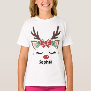 Cute Christmas Festive Renideer Custom girl name T-Shirt