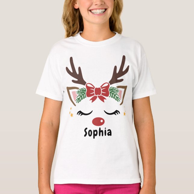 Cute Christmas Festive Renideer Custom girl name T-Shirt (Front)