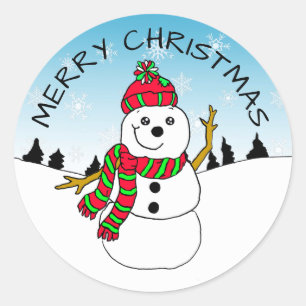 Cute Christmas Festive Snowman and Snowflakes Classic Round Sticker