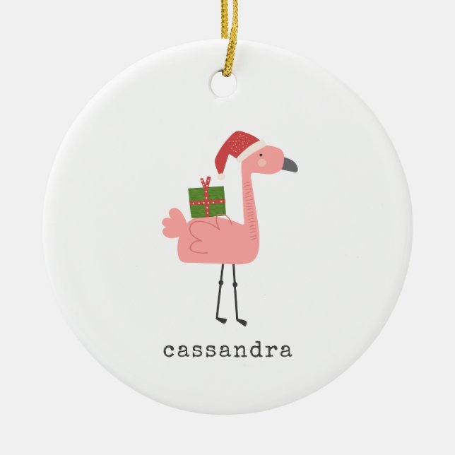 Cute Christmas Flamingo Illustration Personalised Ceramic Tree Decoration (Front)