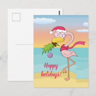 Cute Christmas flamingo on the beach personalised Postcard