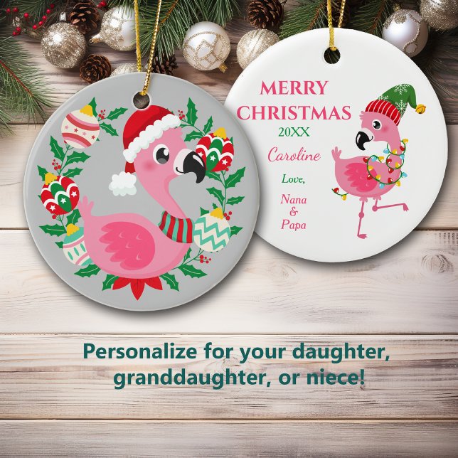 Cute Christmas Flamingo Wreath Granddaughter Ceramic Tree Decoration (Creator Uploaded)