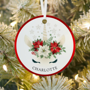 Cute Christmas Floral Unicorn Holiday Personalised Metal Tree Decoration