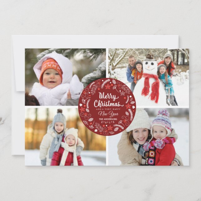 CUTE CHRISTMAS FLORAL WREATH PHOTO COLLAGE HOLIDAY CARD (Front)