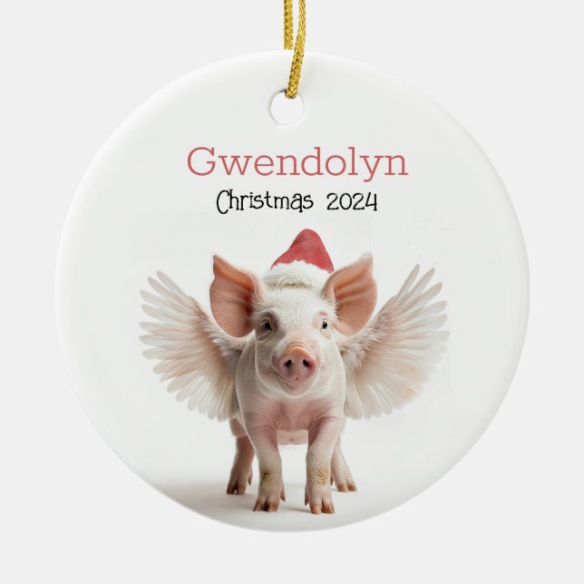 Cute Christmas Flying Pig Personalised Ornament (Front)