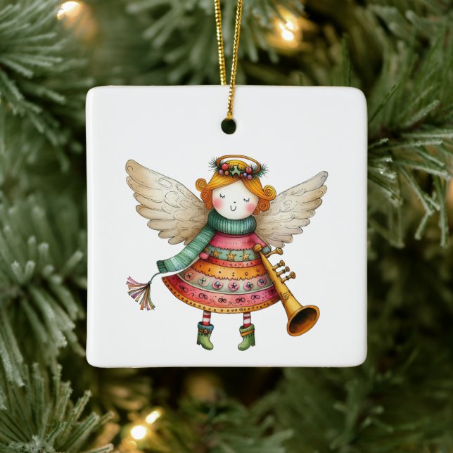 Cute Christmas Folk Art Angel Ceramic Ornament (Tree)