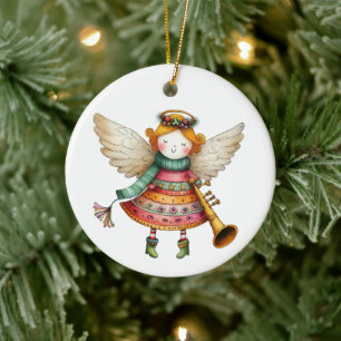 Cute Christmas Folk Art Angel Ceramic Tree Decoration