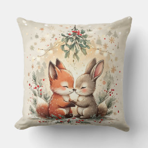 Cute Christmas Fox & Bunny Under Mistletoe Pillow